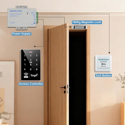 Tuya Access Control Kit with 400lbs Magnetic Lock | Complete kit incl keypad,400lbs lock, exit button, 36W PSU, IP68, 1000 users, IC/ID, 10 blue cards