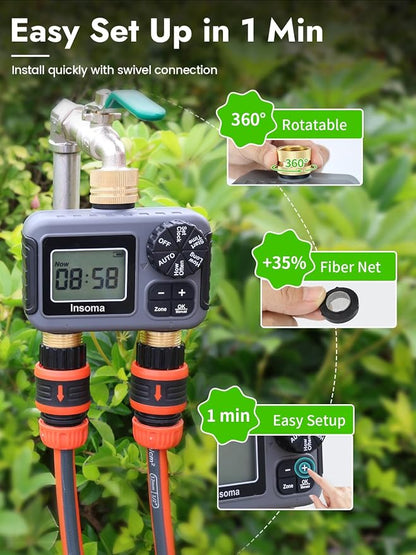 Insoma Water Timer 2 Zone, Programmable Irrigation Sprinkler Timer for Garden Hose, Outdoor Hose Faucet Timers with Rain Delay/Manual/Auto Modes, IPX5 Waterproof for Drip System & Lawn