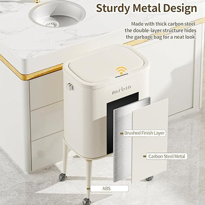 MRBIN Metal Motion Sensor Kitchen Trash Can with Wheel Legs, 36L / 9.5gal Medium Press Lid Slim Waste Basket, Pet Proof Tall Narrow Garbage Pail for Vanity, Bedroom, Bathroom, Living Room, Sunflower