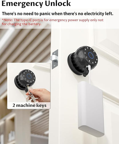 Smart Door Knob with Keyless Entry, Fingerprint Door Lock with Keypad & App Control, Auto Lock, Easy Install, Electronic Door Lock for Bedroom, Apartment, Office