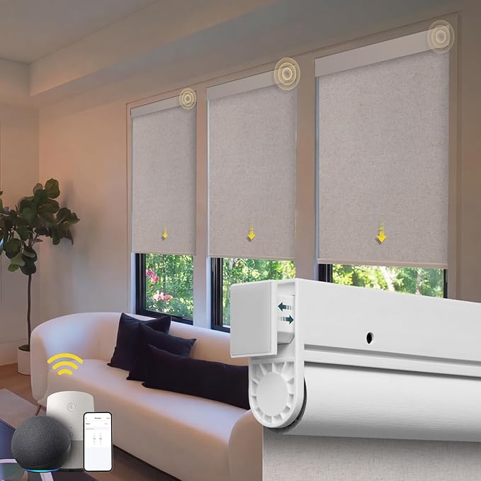 Motorized Blinds No Drill Automatic Blinds for Windows Cordless Roller Shades Electric Blinds with Remote Control Smart Blinds (Linen, 34 x 64)