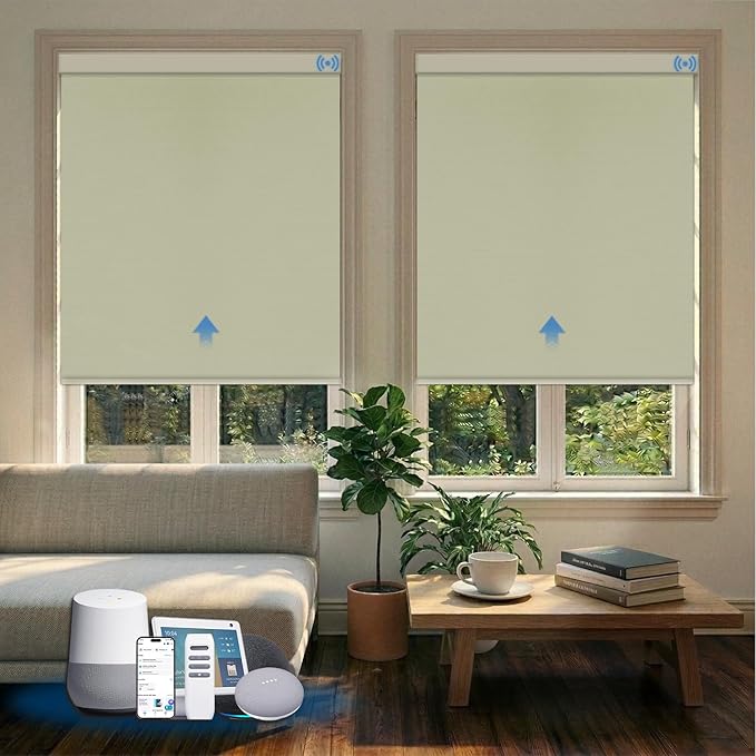 Motorized Blinds with Remote, Blackout Smart Blinds for Windows Automatic Roller Shades Compatible with Alexa, Motorized Shades Customized for Bedroom Home Office (Blackout-Vinyl Cream)