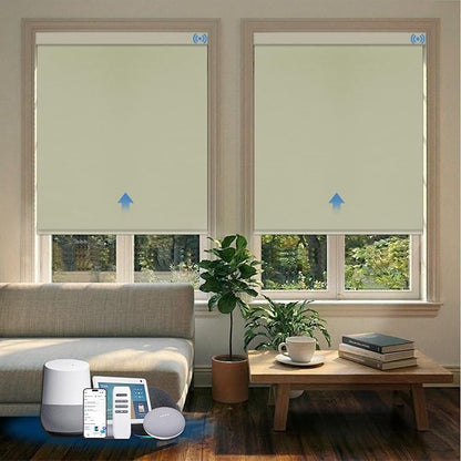 Motorized Blinds with Remote, Blackout Smart Blinds for Windows Automatic Roller Shades Compatible with Alexa, Motorized Shades Customized for Bedroom Home Office (Blackout-Vinyl Cream)