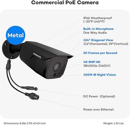 ONWOTE 4K 8MP PoE IP Security Camera, AI Human Vehicle Detection, 3840x2160 8 Megapixels, 134° FoV, Video Audio, Indoor Outdoor, Commercial Wired Camera for Business, Add-on to PoE NVR System (Black)