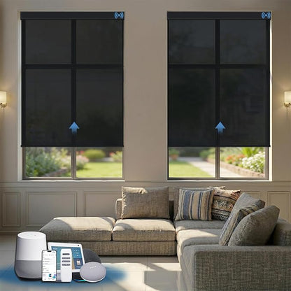Motorized Solar Shades, Light Filtering Smart Blinds for Windows Automatic Blinds Compatible with Alexa, Falme Resistant Roller Shades Customized for Office Living Room (5% Openness Black)