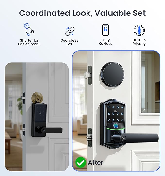 Veise VE029-E Wi-Fi Smart Lock with Handle & Non-Keyed Deadbolt, Fingerprint Keyless Entry Lock for Front Door, APP Remote Control, Keypad Electronic Digital Knob, IP65 Waterproof, Matte Black
