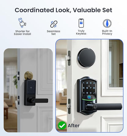 Veise VE029-E Wi-Fi Smart Lock with Handle & Non-Keyed Deadbolt, Fingerprint Keyless Entry Lock for Front Door, APP Remote Control, Keypad Electronic Digital Knob, IP65 Waterproof, Matte Black