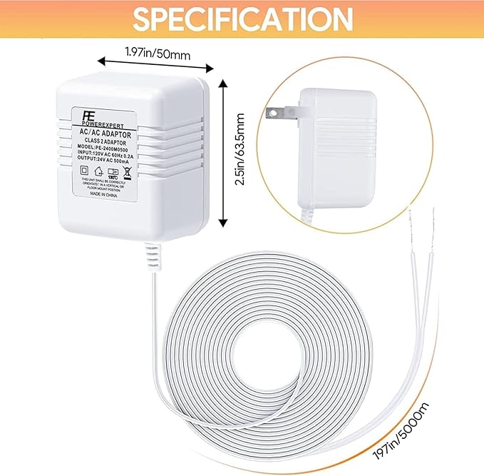 Doorbell Transformer 24V Adapter for Ring Video Doorbell, 16.4ft Long C Wire Power Supply, Compatible with Ring, Nest Hello, Wyze and Eufy Video Doorbells