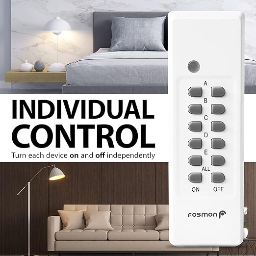 Fosmon Wireless Remote Control Outlet Plug Indoor, Battery Operated On/Off Light Switch for Electrical Outlet, Fan, 15A/1875W, No Wiring & Expandable- 10 Pack with 4 Remotes