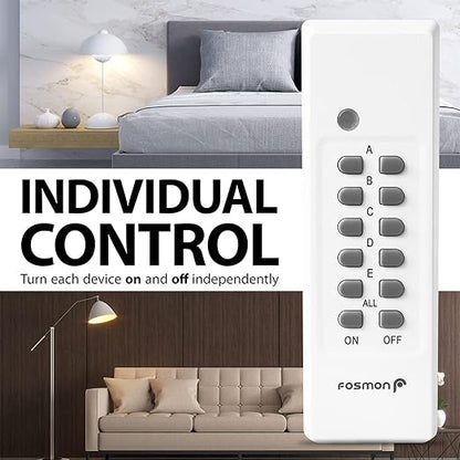 Fosmon Wireless Remote Control Outlet Plug Indoor, Battery Operated On/Off Light Switch for Electrical Outlet, Fan, 15A/1875W, No Wiring & Expandable- 10 Pack with 4 Remotes