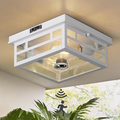 CALOKES Outdoor Flush Mount Motion Sensor White Ceiling Light - Timeless Industrial Design with Seeded Clear Glass for Your Porch, Driveway, Covered Patio, Farmhouse, and Entryway
