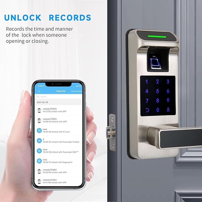 Harfo Fingerprint Door Lock, Heavy Duty Full APP Control Touchscreen Keypad Keyless Lock with Reversible Handle, Perfect for Home/Office/Bedroom Doors (Satin Nickel)