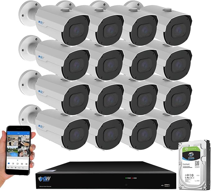 GW Security 16 Channel NVR 4K 8MP PoE 2.8-12mm Varifocal Zoom Security Camera System with 16 x 4K 8MP IP Microphone Waterproof Smart AI Bullet Camera, Face Recognition/Human/Vehicle Detection