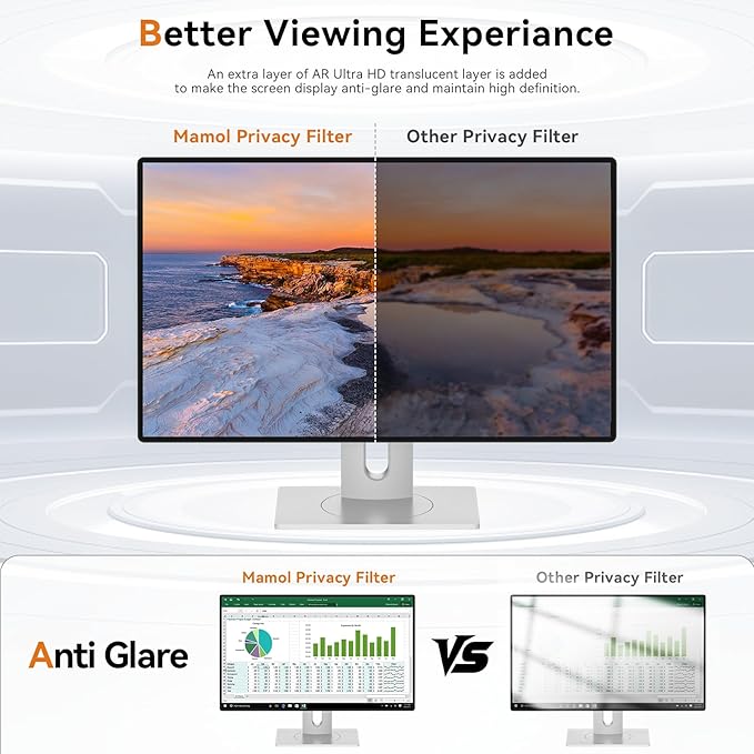 Mamol 24 Inch Computer Privacy Screen Filter for 16:10 Widescreen Monitor, Anti Glare & Blue Light Filter, Removable Anti-Scratch Screen Protector Film 24 in