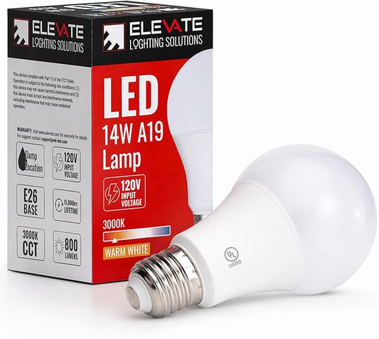 Elevate LED A19 Light Bulb, 14W (100W Equivalent), 3000K Warm White, E26 Base, Energy-Efficient Replacement for Lamps, Ceiling Fixtures, Residential & Commercial Use