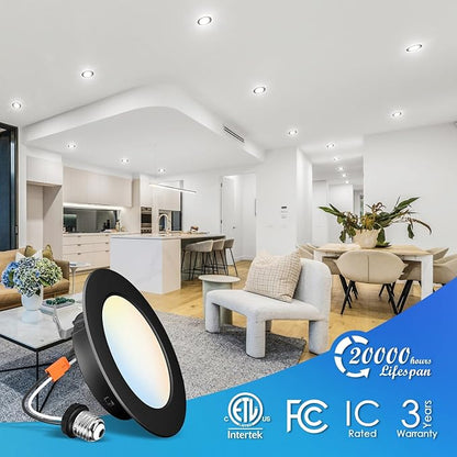LVWIT Black LED Recessed Light 4 Inch, Can Lights Color Selectable 2700/3000/4000/5000/6000K 5CCT, 6W=85W,700LM,Dimmable Downlight with E26 Conversion Kit, 6 Pack,IC Rated