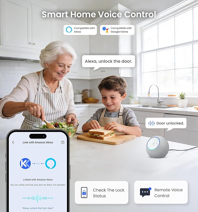 Veise VE012W-H WiFi Smart Front Door Lock Set, Built-in WiFi, App Remote & Voice Control, Fingerprint Keyless Entry Smart deadbolt with Handle, Backlit Keypad, Auto Lock, IP55 Waterproof, Matte Black