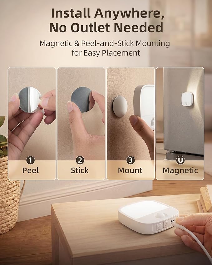 EZVALO Rechargeable Motion Sensor Night Lights, 2 Pack Magnetic Stick-On LED Lights with 3 Color Temperatures, Adjustable & Memory, Cordless Night Light for Closet, Bedroom, Hallway, Stairs, Bathroom