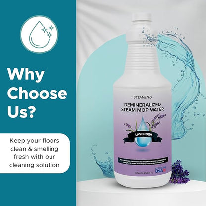 Steam & Go Demineralized Water for Steam Cleaner - PVC-Free Floor Cleaning Solution Compatible for All Steam Mops - Multi-Surface Cleaner for Home Surfaces - Lavender Scent, 32 oz (Pack of 6)