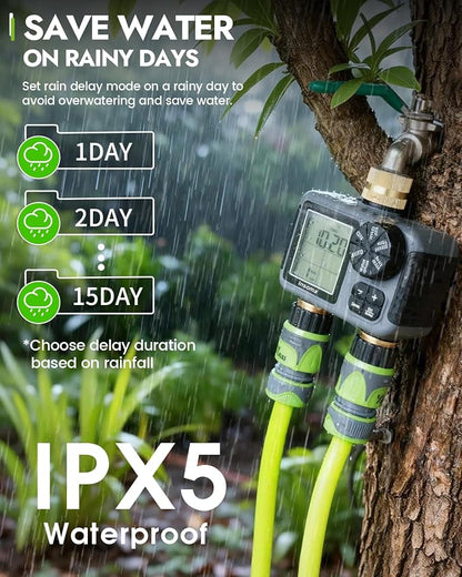 Insoma 2-Zone Sprinkler Timer with Brass Inlet & Outlet, Water Timer for Garden Hose with Auto/Manual/Rain Delay Mode, Big LCD Display, Easy Setup Hose Timers for Lawn, Garden, Vacation Watering