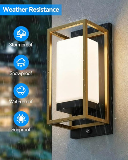 RAYVO Modern Outdoor Wall Light with Dusk to Dawn Sensor, Waterproof Exterior Lighting Fixtures with E26 Base, Bulb Included, Outdoor Sconce Lights for Porch Garage Entryway, Black Gold, 2 Pack