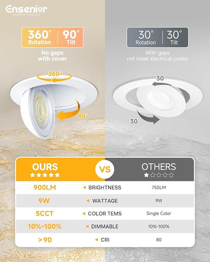 Ensenior 6 Pack 4 inch LED Gimbal Led Recessed Light with Junction Box, 2700K-5000K 5CCT, 360°+90° Adjustable Directional Eyeball Lighting, Dimmable, CRI90+, 900LM, 9W=85W, 120V-ETL&FCC