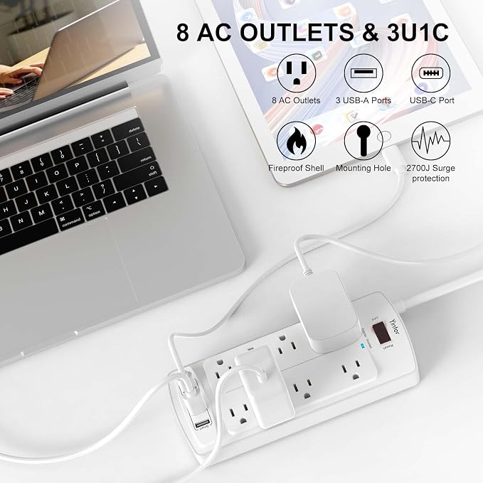 Yintar 6Ft Surge Protector Power Strip with 8 Outlets and 4 USB Ports | 6 Feet Flat Plug Extension Cord with Multiple Outlets for Home, Office, Dorm Essentials, 2700 Joules, ETL, White