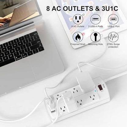 Yintar 6Ft Surge Protector Power Strip with 8 Outlets and 4 USB Ports | 6 Feet Flat Plug Extension Cord with Multiple Outlets for Home, Office, Dorm Essentials, 2700 Joules, ETL, White