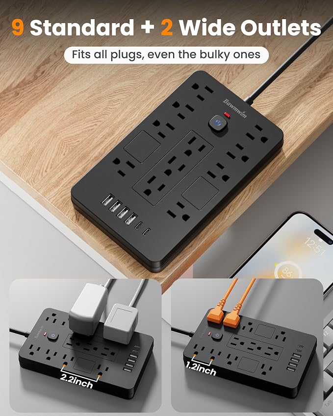 Surge Protector Power Strip - 11 Outlets(1850W/15A/14AWG) with 6 USB Ports(2 USB C), 6FT Flat Plug Extension Cord, Wall Mount, Black, ETL Listed for Home, Dorm Room