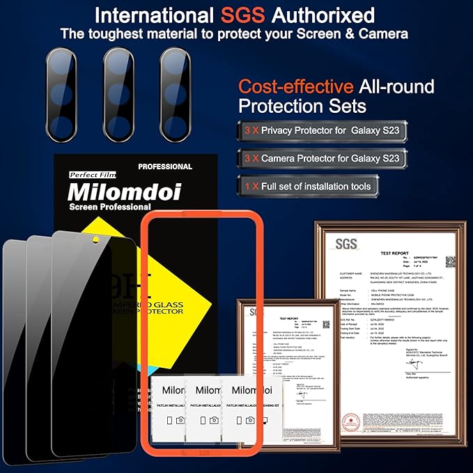 Milomdoi [3+3 Pack] for Samsung Galaxy S23 Privacy Screen Protector Tempered Glass Accessories 3 Pack Privacy Screen Samsung Galaxy S23 5G 3 Pcs camera Lens Protector Case fingerprint Suitable