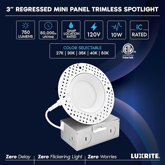 LUXRITE 3 Inch Trimless LED Recessed Light with Junction Box, 5CCT Selectable 2700K-5000K, 10W, 750LM, Dimmable, Wet & IC Rated, Canless Downlight, ETL Listed, New Construction and Remodel