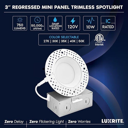 LUXRITE 3 Inch Trimless LED Recessed Light with Junction Box, 5CCT Selectable 2700K-5000K, 10W, 750LM, Dimmable, Wet & IC Rated, Canless Downlight, ETL Listed, New Construction and Remodel