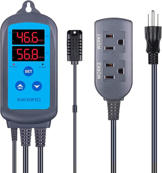 Inkbird Digital Wi-Fi Humidity Controller IHC-200 Dual Outlet Pre-Wired Humidistat for Mushroom Growing Curing Meat Reptile Greenhouse Support Humidifier Dehumidifier Fan iOS&Andriod.