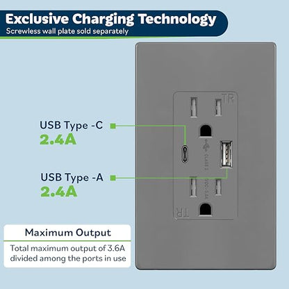 TOPGREENER 2-Port USB Outlet, 4.2A Type C USB Wall Outlet, Gray, 2 Pack | UL Listed, 15 Amp TR Receptacle Plug, USB Receptacle, Charging Power Outlet with USB C&A Ports, Wall Plate Included