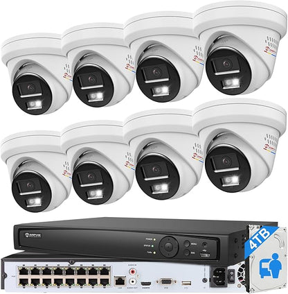 《Strobe Sound Light Alarm & 2-Way Audio》Anpviz 16CH 4K PoE Security Camera System, 8X 8MP Wired IP Turret Cameras Outdoor Metal, 12MP NVR with 4TB HDD, True Plug & Play for Business Home(H Series)