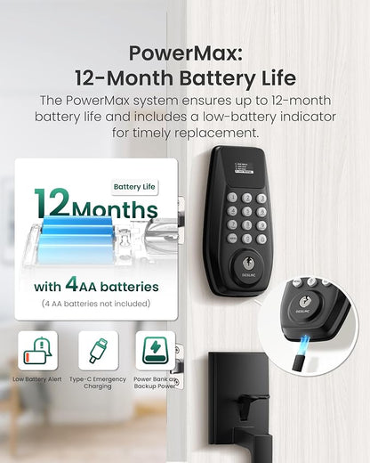DESLOC C100 Keyless Entry Door Lock with Handle Set, Visual Display | Smart Deadbolt Lock with 100 PIN Codes, Passage Mode, 2 Keys, IP54 Weather Resistance, 12-Month Battery, Auto Lock, Black