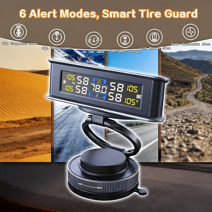 Tire Pressure Monitoring System with Magsafe Car Mount, Solar and USB Charger Tire Pressure Monitor with 4 External Sensors & 6 Alarm Modes, Real-time Wireless TPMS for Car Sedan SUV Pickup