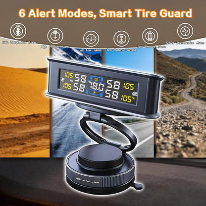 Tire Pressure Monitoring System with Magsafe Car Mount, Solar and USB Charger Tire Pressure Monitor with 4 External Sensors & 6 Alarm Modes, Real-time Wireless TPMS for Car Sedan SUV Pickup