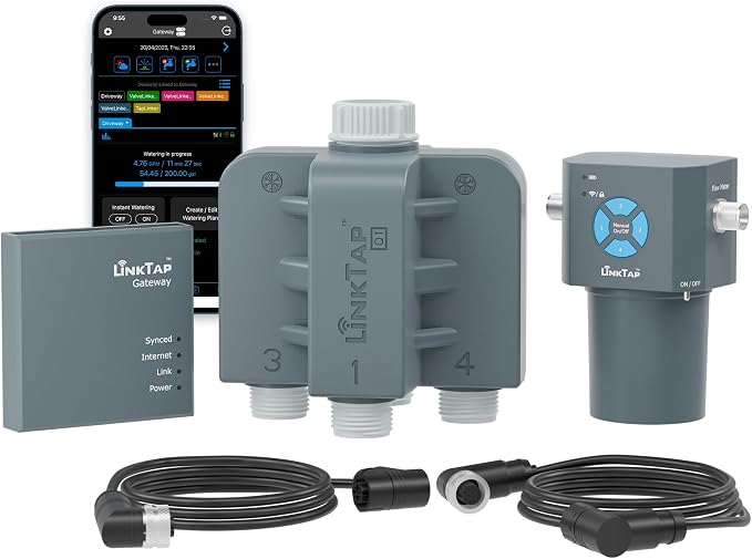 LinkTap Q1 4-Zone Wireless Water Timer & Gateway, Equals Four G2S Smart Hose Timers | 4 Independent Zones for Garden/Lawn/Yard, Irrigation by Weather/Volume/Duration, Fault Detection & Alerts, Anti-Freeze, IP66