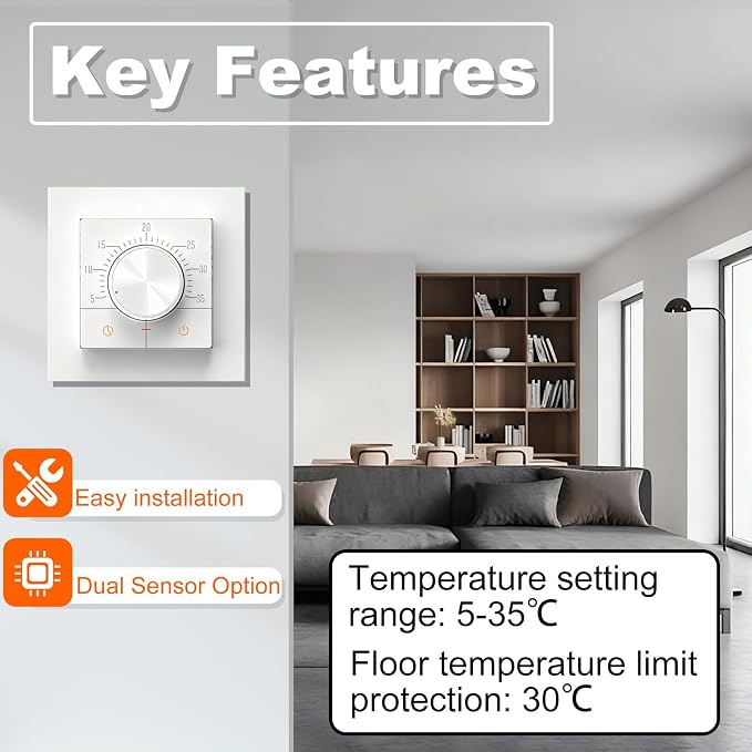 HEATIT Manual Non-Programmable Floor Heating Thermostat, 100-240V White
