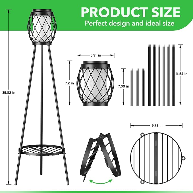 MXwcy 2-in-1 Solar Lights Outdoor with Plant Stand, Waterproof Vintage Solar Floor Lamp & Metal Planter Holder, Tall Geometric Lantern Tripod for Patio, Garden, Yard, Porch Decor (2 Pack)