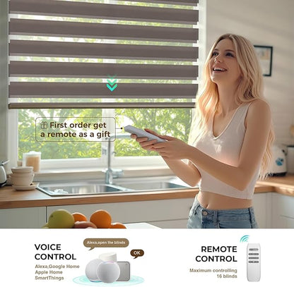 HeyBlinds Motorized Zebra Blinds with Remote, Smart Cordless Electric Zebra Shades for Indoor Windows Compatible with Alexa Google & Homekit, Custom Size (Simple-Coffee LF)