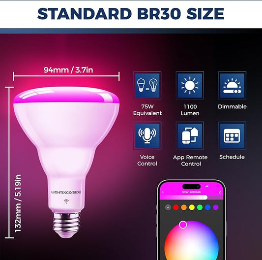 Lightinginside Flood Smart Bulbs 1100LM, 12W 75W Equivalent, BR30 Light Bulb Compatible with Alexa/Google Assistant, E26 Recessed Bulb, 83+CRI, No Hub Required, 2.4GHz WiFi Only, ETL Listed,1PC
