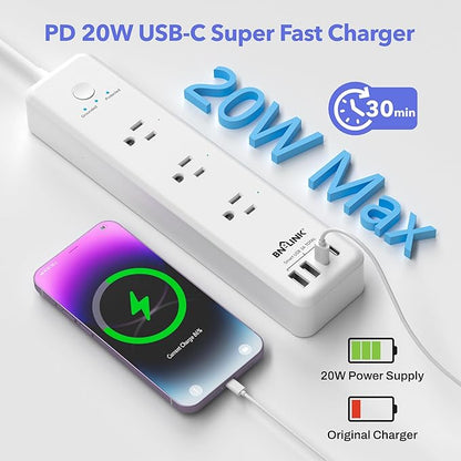BN-LINK Remote Control Power Strip with 3 Independent Outlets，4 USBs (incl. 20W USB-C), 3.9Ft Extension Cord, 15A/1875W Overload Protection, Wall Mount, for Home, Office, ETL Listed, 1200J