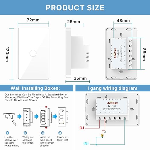 2nd Generation WiFi RF433 Smart Touch Wall Single Fire Smart Switch,No Neutral Wire Needed Compatible with Smart Life/Tuya App, Compatible with Alexa and Google Home (White 1 Gang, White)