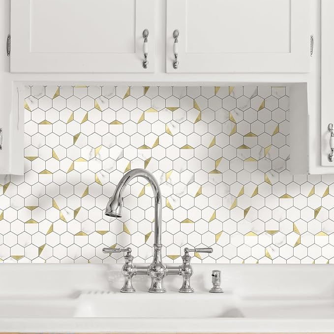 20-Sheet Heavy-Duty Hexagon Peel and Stick Backsplash, Thick Waterproof &Heat Resistant Stick on Wall Tiles, Marble White Mosaic for Kitchen & Bathroom, Strong Adhesive Permanent PVC Tiles
