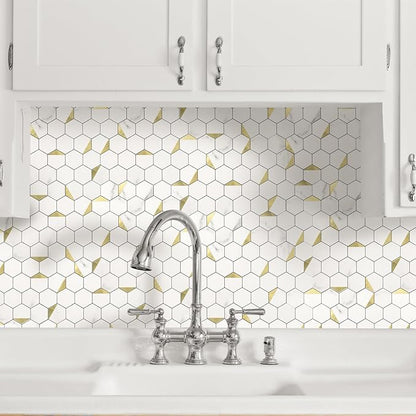 20-Sheet Heavy-Duty Hexagon Peel and Stick Backsplash, Thick Waterproof &Heat Resistant Stick on Wall Tiles, Marble White Mosaic for Kitchen & Bathroom, Strong Adhesive Permanent PVC Tiles