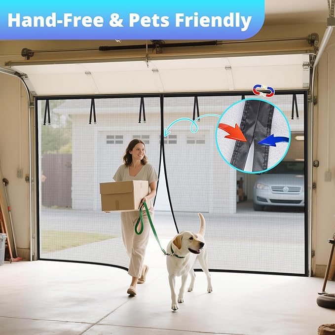 Garage Door Screen For 2 Car 17x8FT, Magnetic Screen Garage with Retractable Fiberglass Mesh and Heavy Duty Weighted Bottom, Easy Assembly & Pass, Hands Free Screen Door w/ 40 Magnets for Garage/Patio