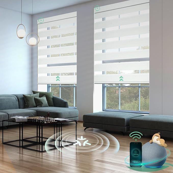 Yoolax Motorized Matter Zebra Blinds Compatible with Alexa, Google Home, Apple HomeKit, Blackout Smart Blinds, Privacy Light Control Horizontal Window Blind for Home (100% Blackout Striped Ivory)