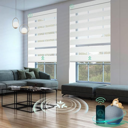 Yoolax Motorized Matter Zebra Blinds Compatible with Alexa, Google Home, Apple HomeKit, Blackout Smart Blinds, Privacy Light Control Horizontal Window Blind for Home (100% Blackout Striped Ivory)
